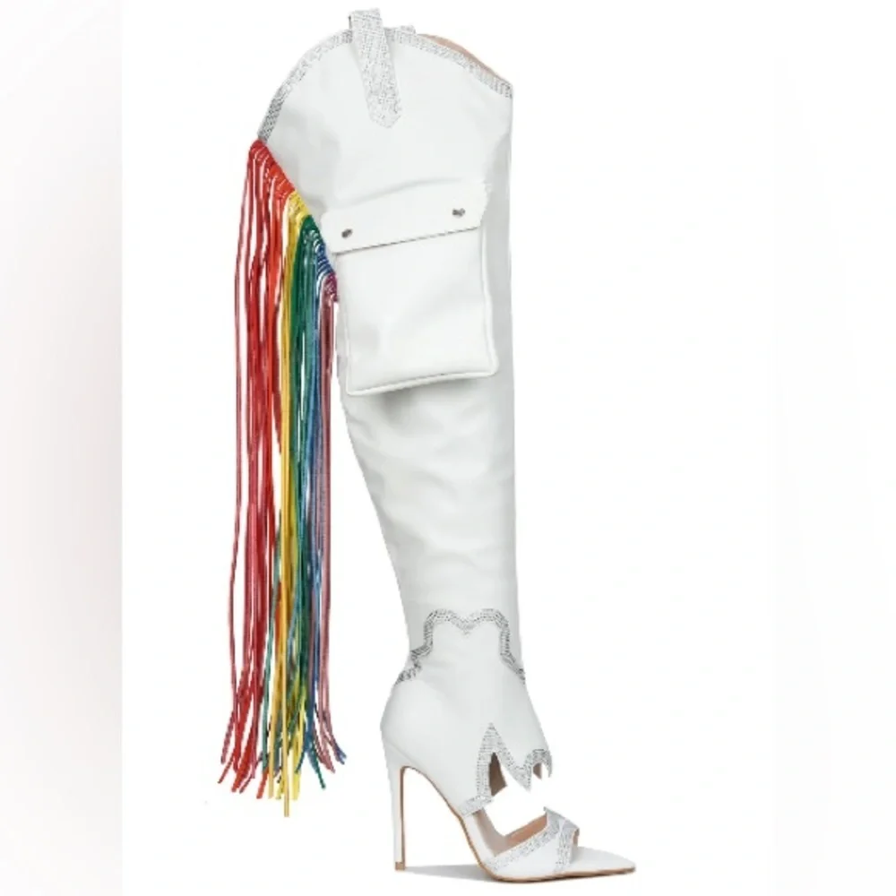 CAPE ROBBIN LISE WESTERN RHINESTONE FRINGED CARGO POCKET BOOTS NIB